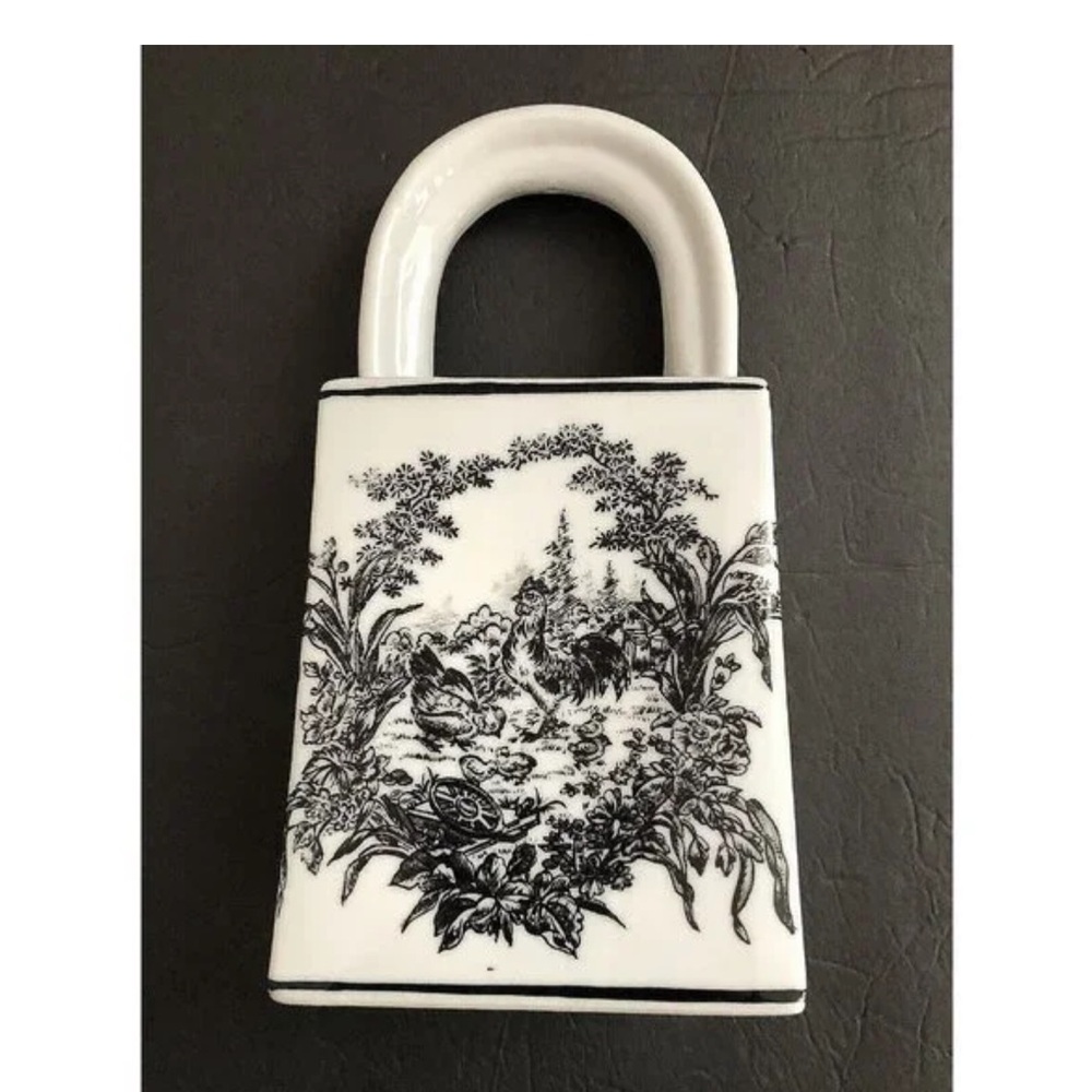 Baum Bros Black and White Ceramic Purse Featuring Botanical Art and Chickens